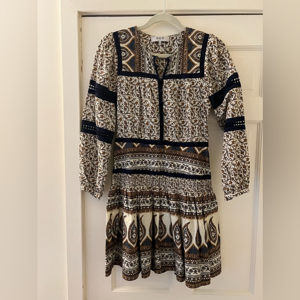 Sea New York Dress size 4 long sleeve cotton Indian print blue/cream/brown